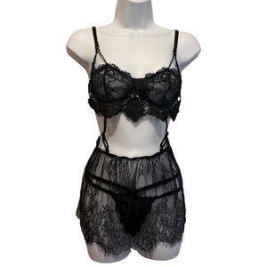 Widow Black Floral Lace Sheer Bra & Skirt Lingerie Set